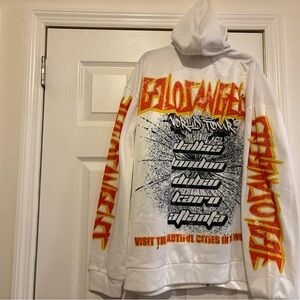 White Graphic Hoodie with Yellow and Red Text
